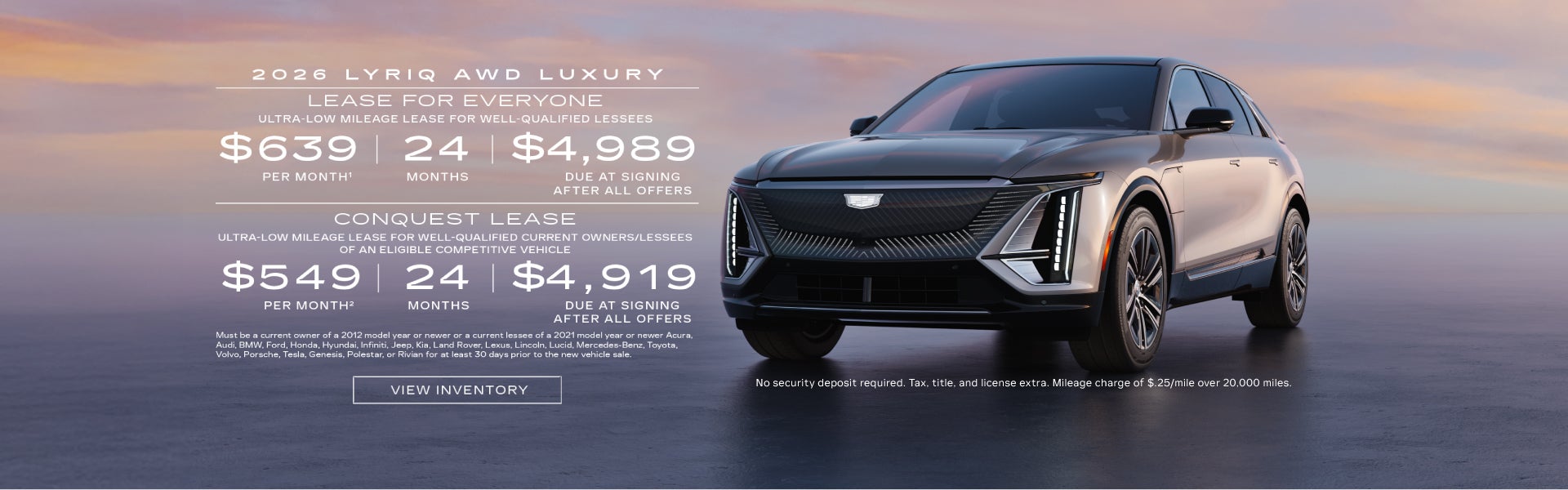 2026 LYRIQ AWD LUXURY. Ultra-low milege lease for well-qualified lessees. $619 per month 24 month...